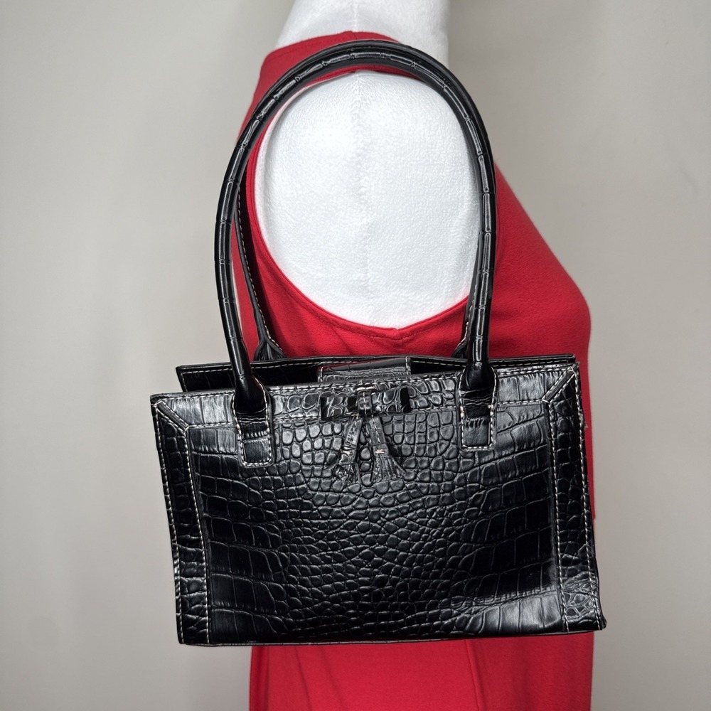 Vintage Y2K Micro Mini Top Handle Tote‎ Bag Black Faux Croc Leather 90s Bow Chic